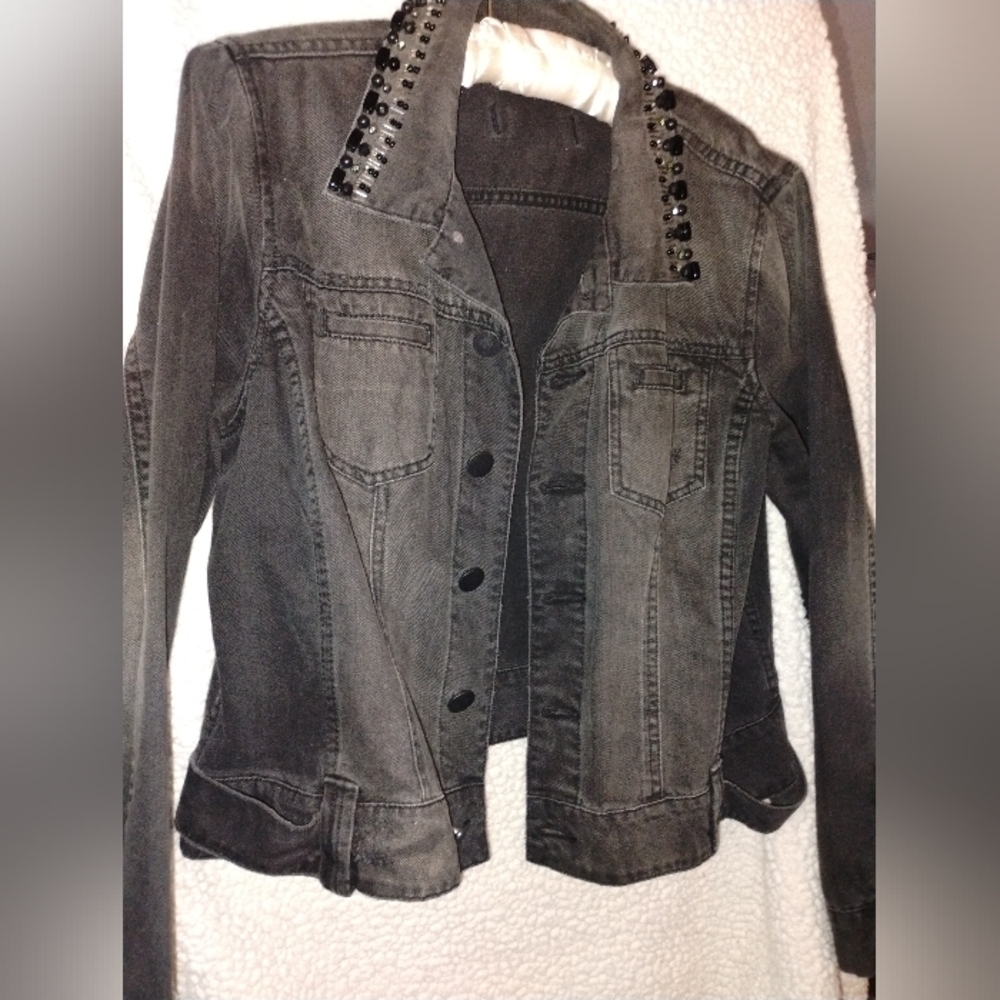 Cabi Faded Black Denim jacket with beaded collar